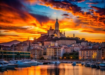 Obraz premium Silhouetted Marseille Harbor & Notre Dame de la Garde at Sunset
