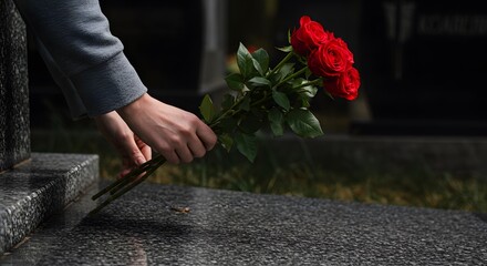 A somber moment of remembrance, captured in a poignant photograph.  A hand gently places a bouquet of vibrant red roses upon a granite headstone, symbolizing love, loss, and enduring memory.