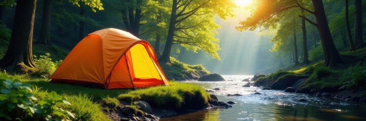 Spacious dome tent by flowing river in sun-dappled forest, sunbeams, getaway, panorama