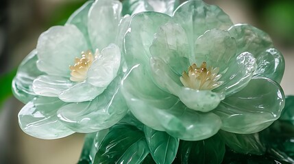 Elegant jade flower showpiece with exquisite details and soft illumination
