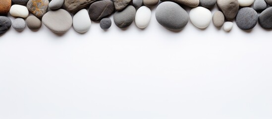 Top view of smooth gray and white pebbles arranged along the upper edge of a clean white background, offering ample copy space below for text.
