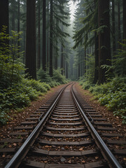 Fototapeta premium Railway tracks cross the forest floor, curving around large trees and through patches of underbrush