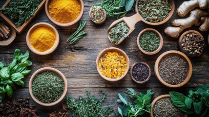An Assortment of Dried and Fresh Herbs and Spices for Culinary Inspiration and Flavorful Cooking Adventures