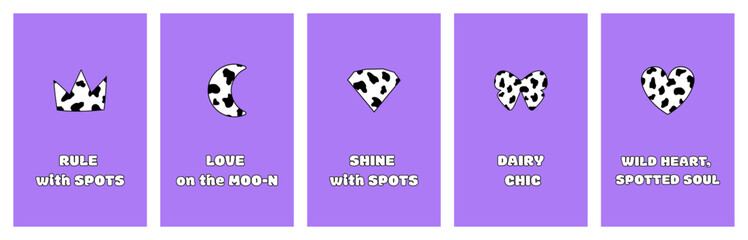 Collection of posters, cards with dalmatian pattern shapes and Moo-inspired slogans on purple background. Cow print covers.
