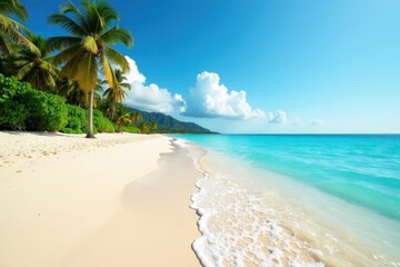 Sun-drenched sand, turquoise waves, clear sky, landscape, paradise, bright