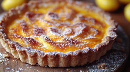 Lemon Tart on Wooden Board with Lemons