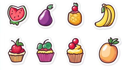 Colorful fruit and cupcake stickers; playful design, ideal for children's products