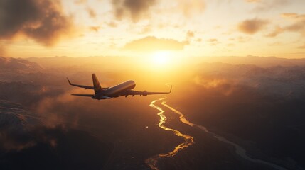 Airplane Sunset Flight Mountains River Landscape Travel