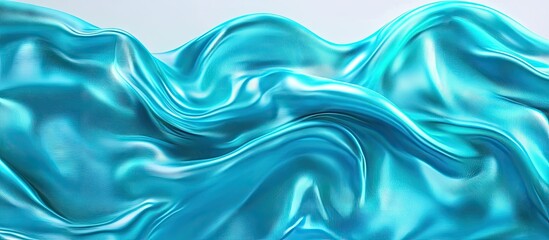 Fototapeta premium Silky waves of turquoise and light blue fabric flowing gracefully from left to right against a soft white backdrop creating a serene abstract background.