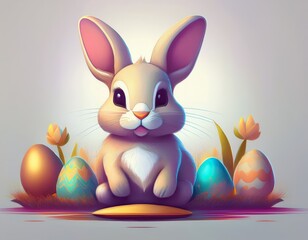 Fototapeta premium A simple cartoon Easter bunny with a white background and eggs