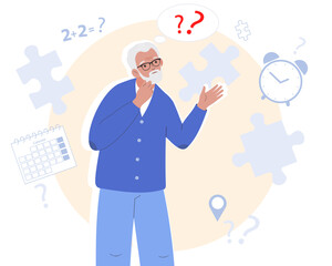Alzheimer illness concept. Elderly man thoughts get confused in head. Senile dementia, problems with brain and memory.  Flat vector illustration