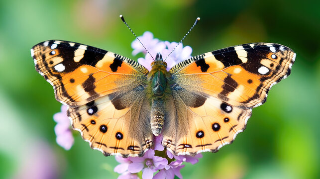 Colorful painted lady butterfly resting on purple flower with blurred green background