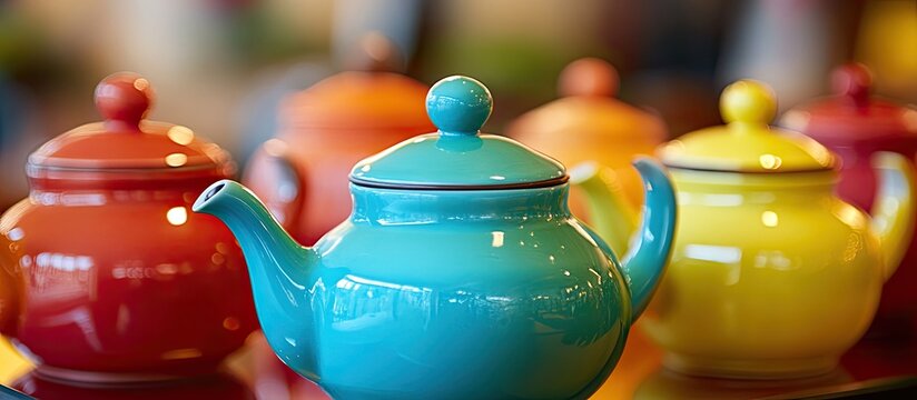Colorful collection of teapots in bright turquoise, yellow, orange, and red arranged closely, enhancing tea and coffee moments in vibrant hues.