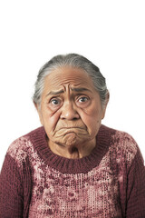 Fototapeta premium Elderly woman with worried expression isolated on white background, conveying emotion, sadness, anxiety, facing challenges, elder care, senior portrait.