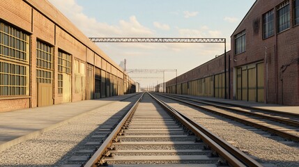 Fototapeta premium Modern Industrial Warehouse Exterior with Train Tracks, Industrial Building Facade with Railway, Urban Transportation and Logistics Concept