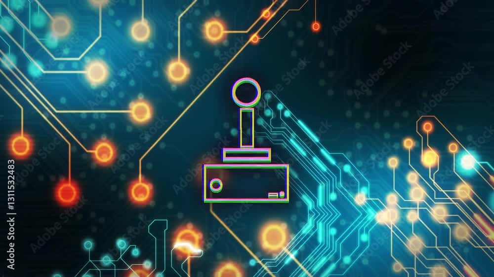Poster animation of joystick icon on digital network with glowing circuit board background