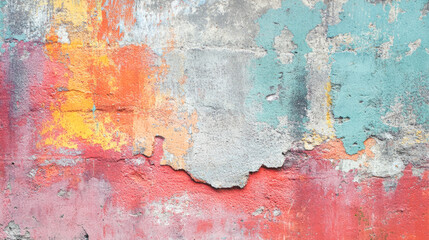 Vibrant abstract weathered wall with peeling paint texture in various colors