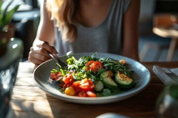 Delicious Healthy Summer Salad Woman Eating Fresh Tomatoes Avocado Greens food meal diet lunch plate