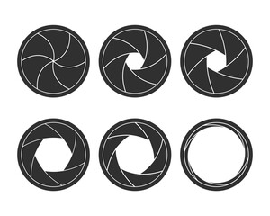 Camera shutter sign collection, set from closed to opened. Black on transparent background. Vector illustration in flat style. Emblem, symbol, icon.