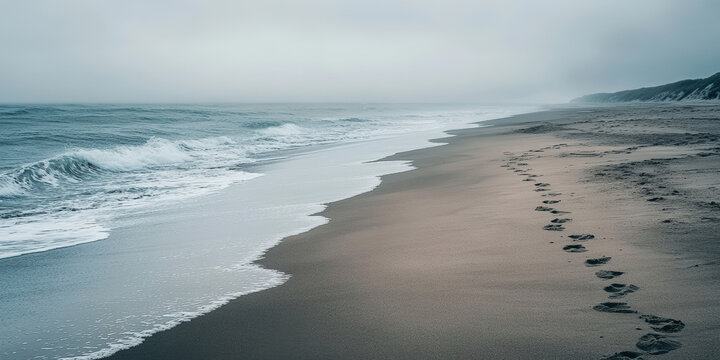 Moody coastal scene with footprints trailing along a sandy beach, waves rolling towards the shore, and a foggy, soft-toned landscape with distant rocky coastline. Generative AI