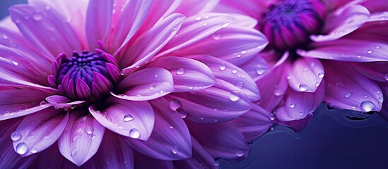 Obraz premium Vibrant violet flower petals with glistening water droplets on a dark background featuring ample copy space for text or branding