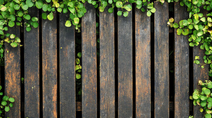 Rustic wooden fence with fresh green leaves background