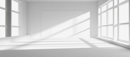 Obraz premium Bright minimalist interior with white walls and large windows casting shadows, featuring a blank poster space in a sunlit room.