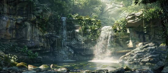 Fototapeta premium Serene waterfall cascading over rugged rocks surrounded by lush greenery creating a tranquil retreat with soft natural lighting and copy space.