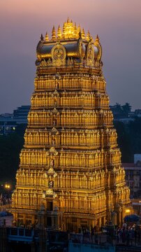 Majestic gopuram of chamundeshwari temple at sunset