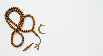 Flat Lay of Islamic Prayer Beads and Golden Crescent
