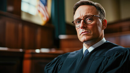 Obraz premium Caucasian male judge in courtroom wearing glasses with usa flag in background