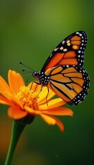 Obraz premium Close-up of monarch butterfly sipping nectar from bright orange petals , monarch butterfly, macro photography
