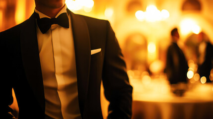 Elegant caucasian male in tuxedo at formal evening event