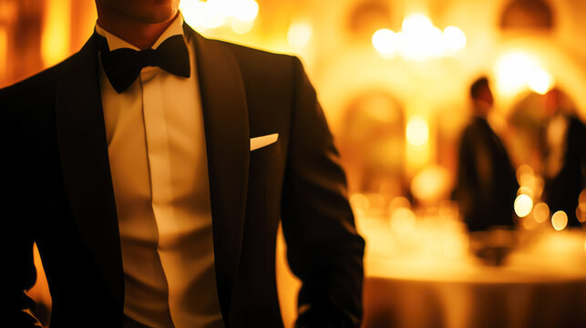 Elegant caucasian male in tuxedo at formal evening event