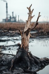 Abandoned landscape: A dead tree starkly contrasts with the backdrop of industrial decay and urbanization.
