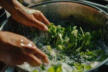 Washing Fresh Green Spinach Leaves in Bowl Healthy Food Preparation Diet Clean Water Hands Salad    