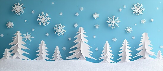Minimalist winter landscape featuring white paper trees and snowflakes on a serene blue background with a textured frame creating a frosty ambiance