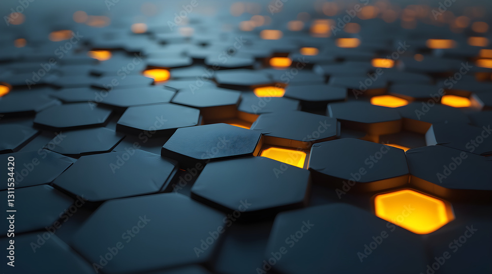 Poster futuristic abstract geometric hexagonal pattern glowing orange tiles background