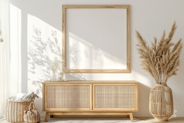 Modern minimalist living room with wooden cabinet, pampas grass, and blank frame.