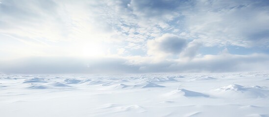 Fototapeta premium Vast white snowy landscape under a cloudy sky with soft sunbeams illuminating the serene winter field creating a tranquil and peaceful atmosphere