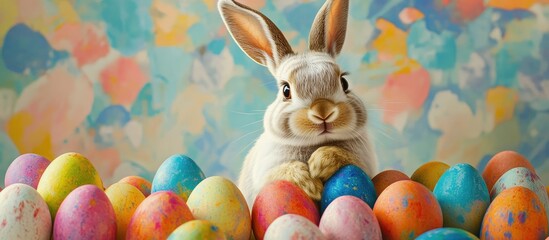 Joyful Easter greeting card featuring a cute white bunny nestled among brightly colored painted eggs in front of a vibrant pastel background