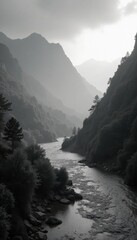 Misty dawn valley, black & white, river flows through mountains , rocky, atmospheric, dawn