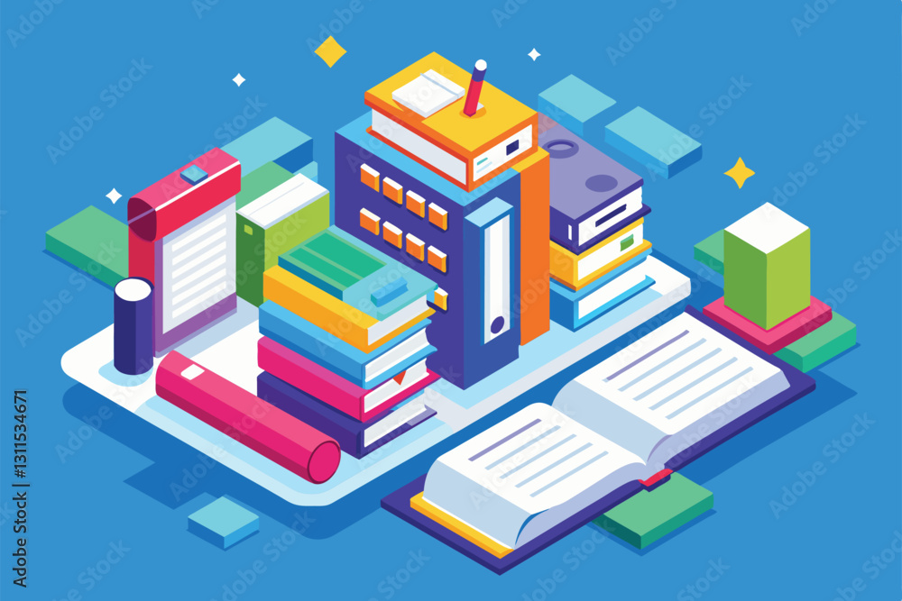 Poster colorful stacks of books and stationery items create a visually appealing customizable reading list,