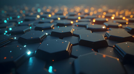 Obraz premium Abstract Futuristic High-Tech Digital Hexagon Grid with Glowing Blue Orange Lights