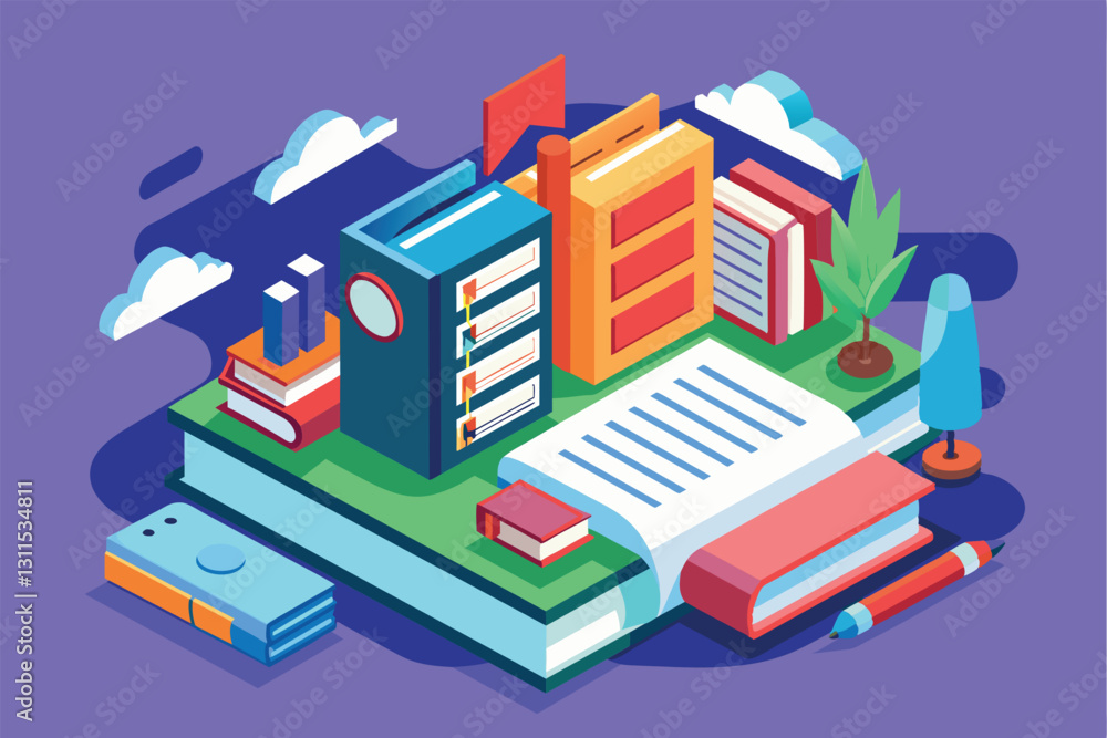 Poster a colorful isometric illustration featuring a customizable reading list surrounded by various books 