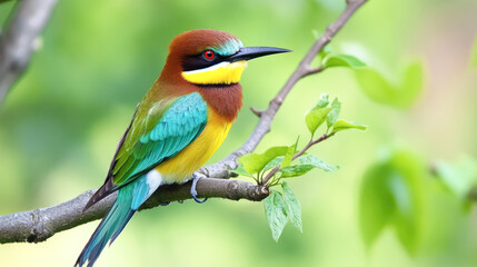 Obraz premium Colorful european bee-eater perched on branch in lush green nature