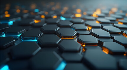 Futuristic Tech Background Glowing Blue Orange Hexagon Tiles Pattern