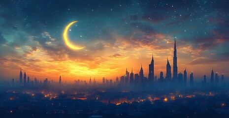 Vibrant City Skyline at Sunset with Crescent Moon