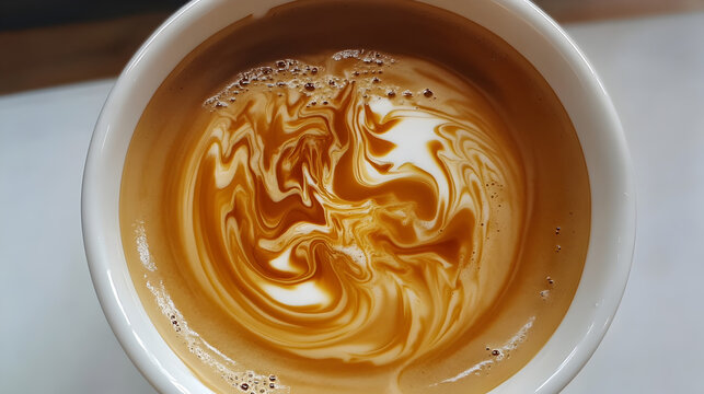 art design with abstract swirls and random shapes created on the surface of the coffee 