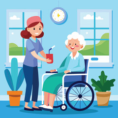 a nurse is taking care of a wheel chair patient vector